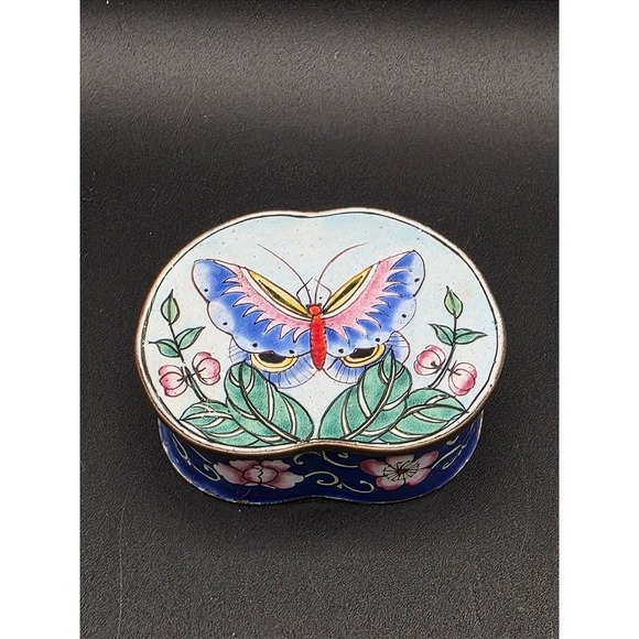 The Unbranded Brand Other - Vintage Butterfly Trinket Keepsake Box Cobalt Blue Enamel Cloisonne Storage